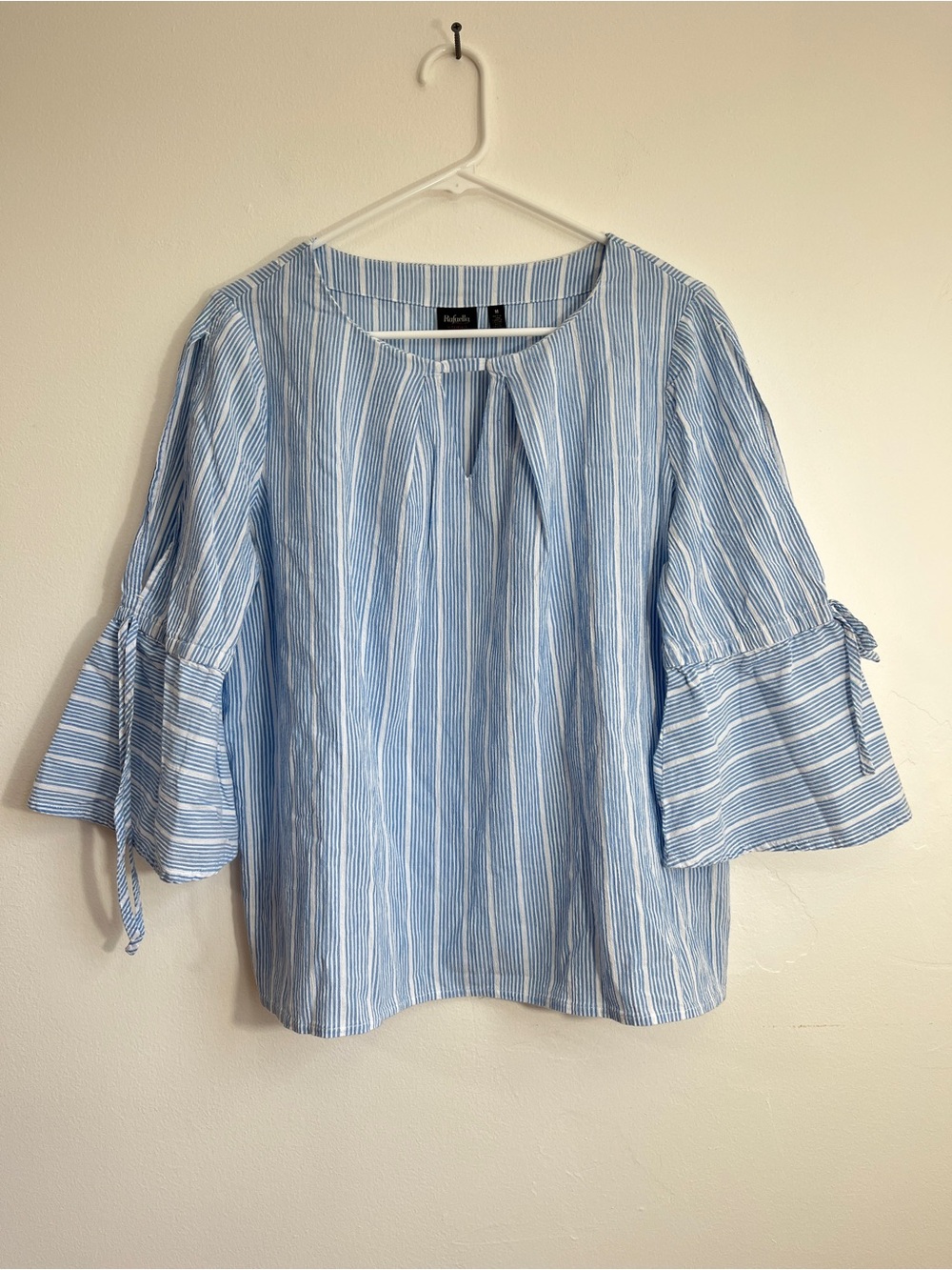 Rafaella Light Blue & White Striped Bell-Sleeve Blouse Size M 100% Cotton